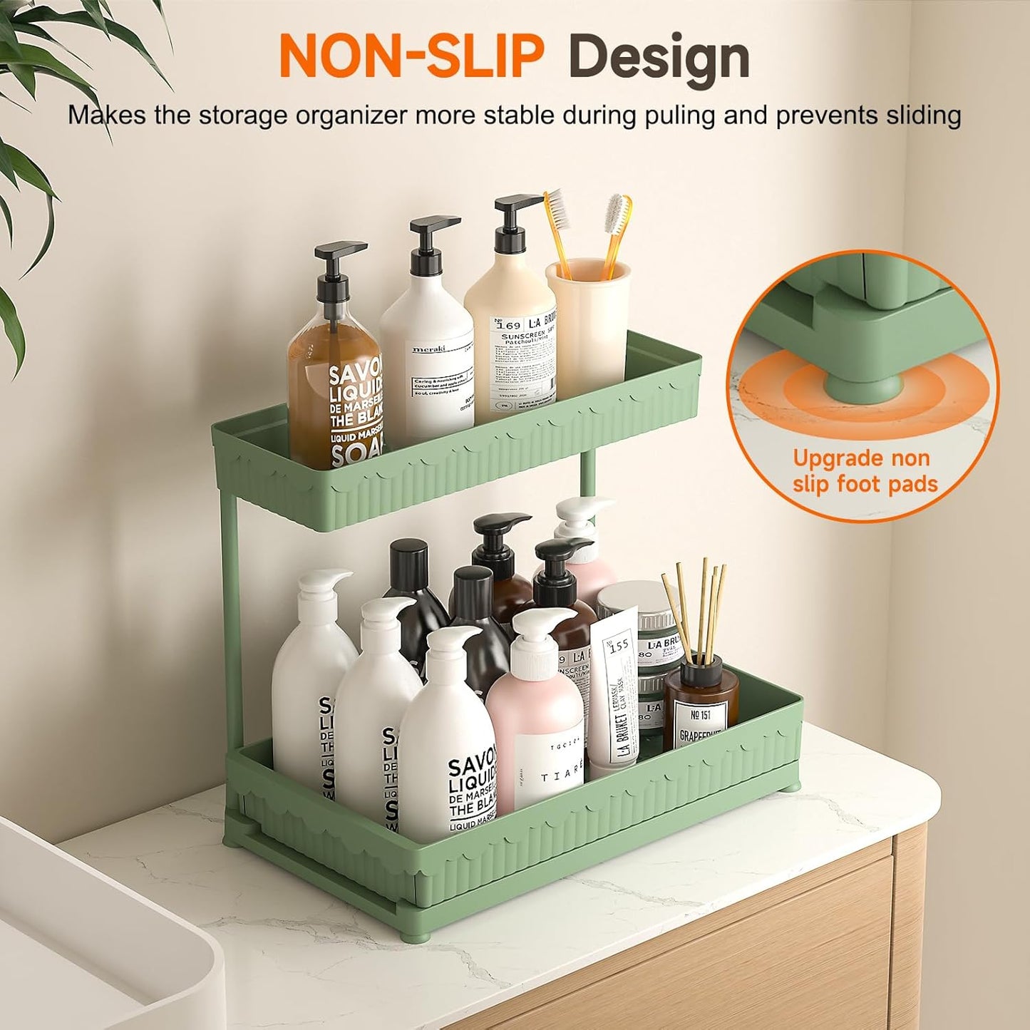 Sevenblue Multi-Purpose Under Sink Organizers - L-Shaped Pull-Out Cabinet Storage for Bathroom & Kitchen | Green, 12.85 Inch