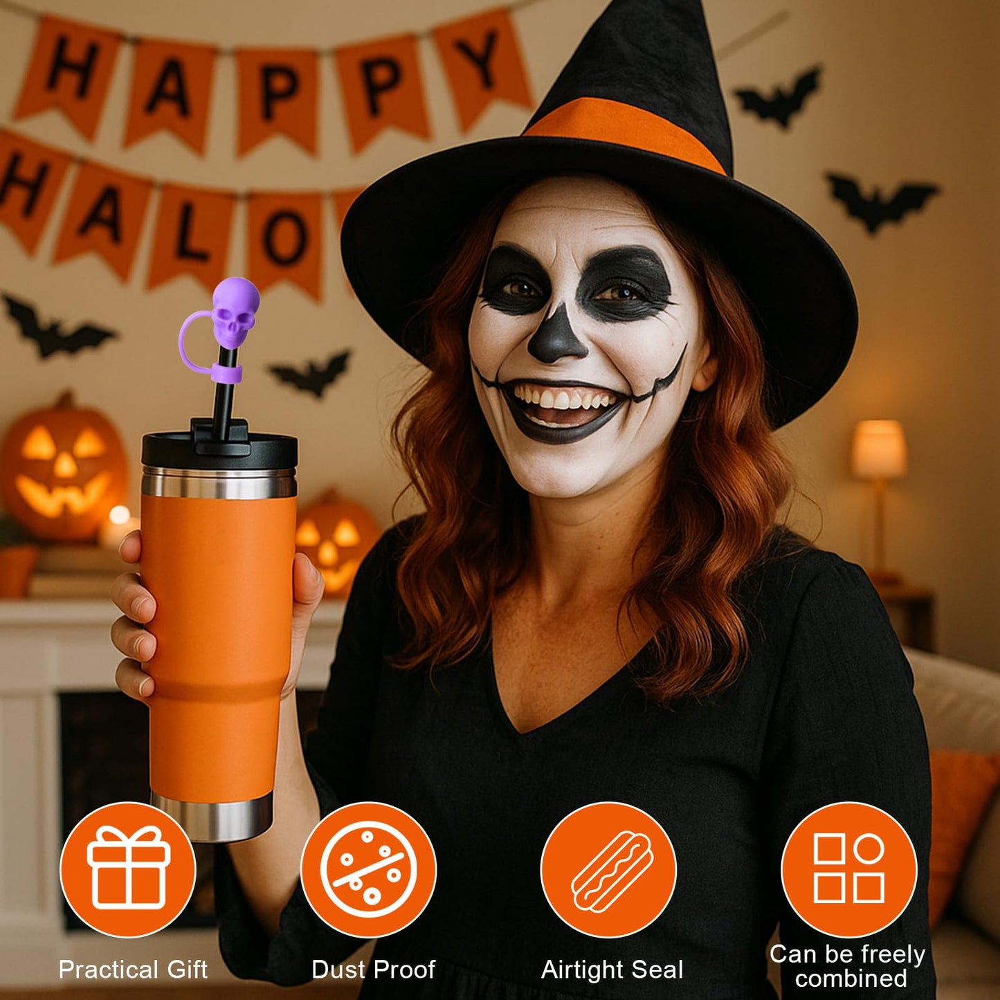 Honeydak 36 Pcs 3D Halloween Straw Toppers for Cup Silicone Straw Cover Cap for 30&40 oz Tumbler, 10 mm Silicone Toppers with Handle, Reusable Dustproof Tips Lids for Halloween Gifts Party Supplies