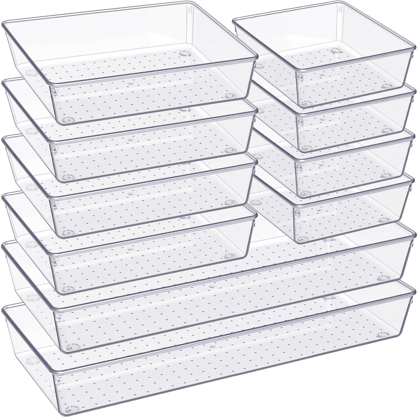 Criusia Clear Drawer Organizer 7 PCS - 5 Size Plastic Versatile Kitchen and Bathroom Organizer Trays, Non-Slip Storage Bins for Makeup, Utensils, Tool and Office Desk