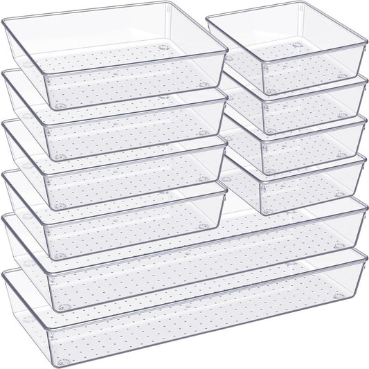 Criusia Clear Drawer Organizer 7 PCS - 5 Size Plastic Versatile Kitchen and Bathroom Organizer Trays, Non-Slip Storage Bins for Makeup, Utensils, Tool and Office Desk
