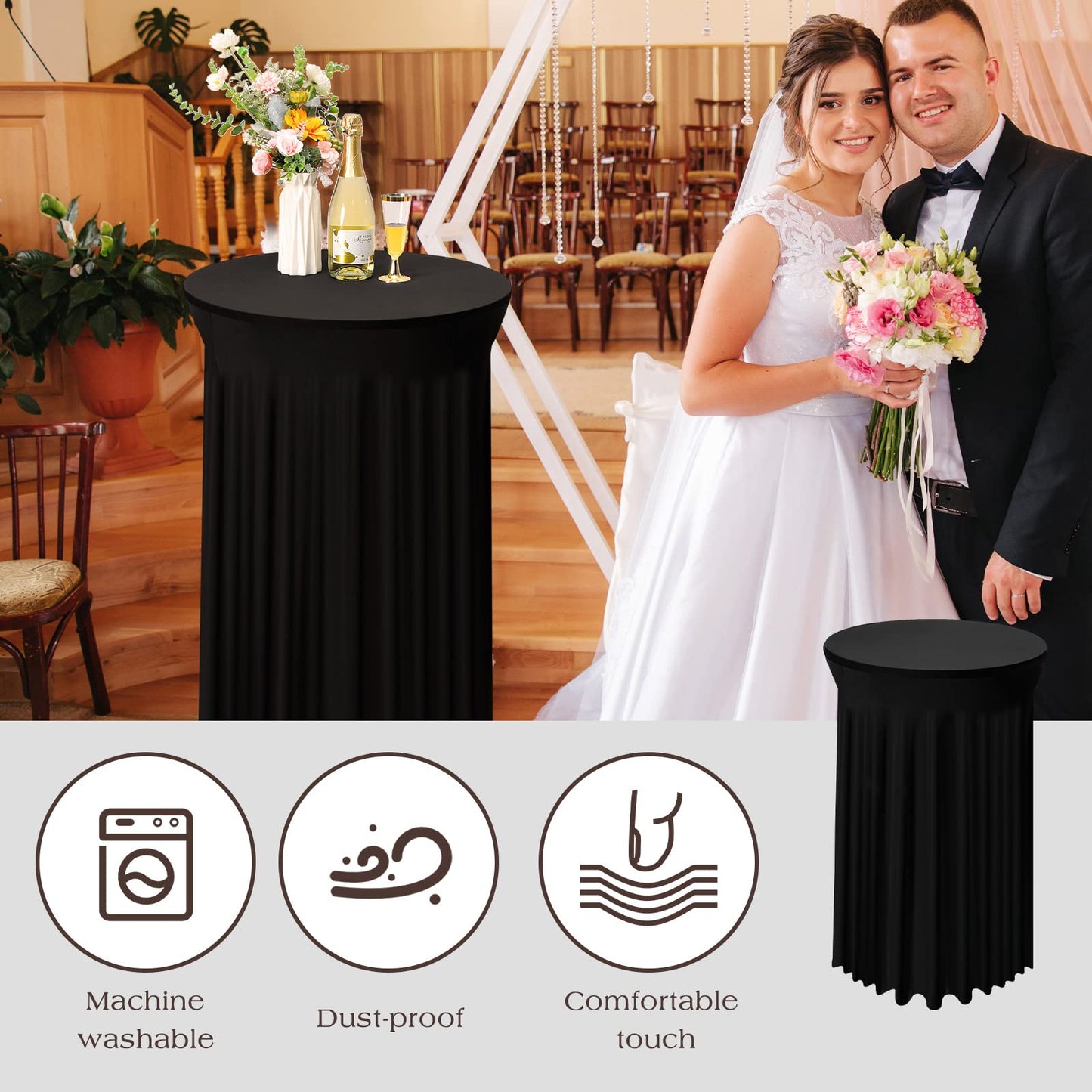 Tegeme 4 Packs Round Spandex Cocktail Tablecloths with Skirt 32 x 43 Inch Cocktail Round Table Cover Spandex Stretch Square Tablecloth Skirt for Table Bar Wedding Party Banquet (Black)