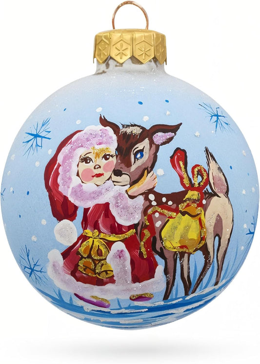3.25-Inch Girl with Reindeer Glass Ball Christmas Ornament - Festive Holiday Decor