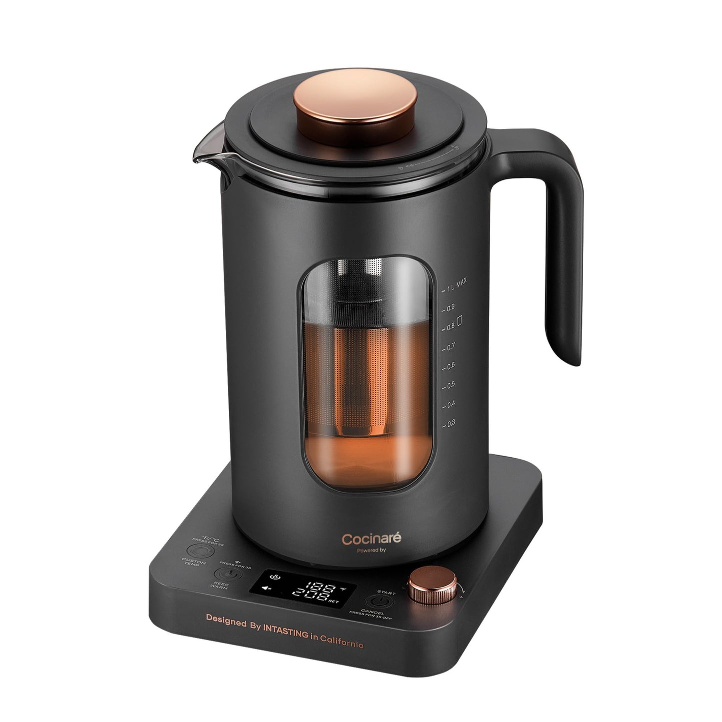 INTASTING Electric Tea Kettle, Electric Kettle with Tea Infuser, ±1℉ Knob Temperature Control, BPA-Free Glass, 1200W Fast Heating, Easy to Clean, 1 Liter (Dark Gray)