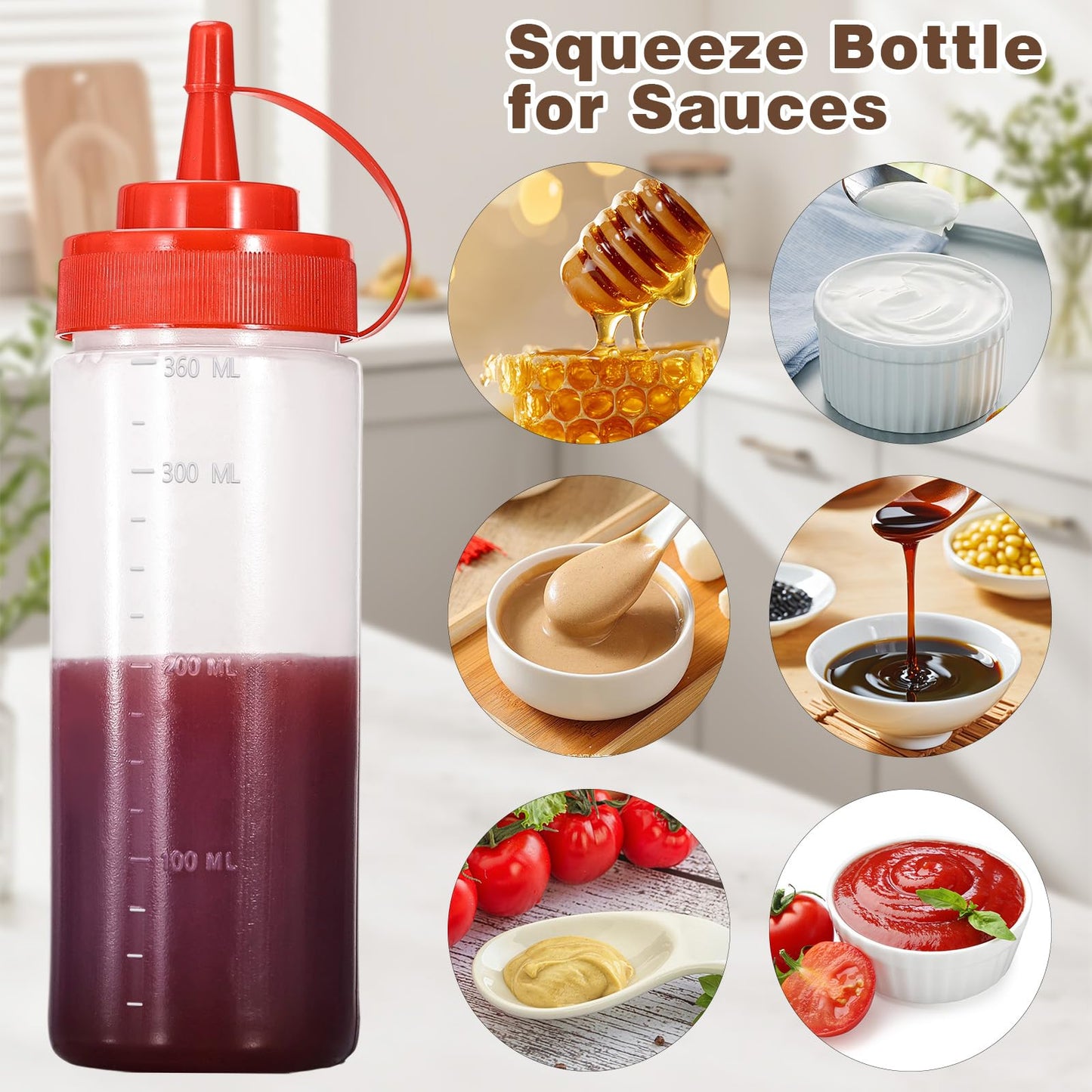 Katfort Condiment Squeeze Bottles Ketchup Dispenser, 4 Pack 12oz Squeeze Bottles for Liquids, Plastic Sauce Bottle with Cap Lid, Squirt Bottles for Sauces Liquids BBQ Dressing Pancake Art