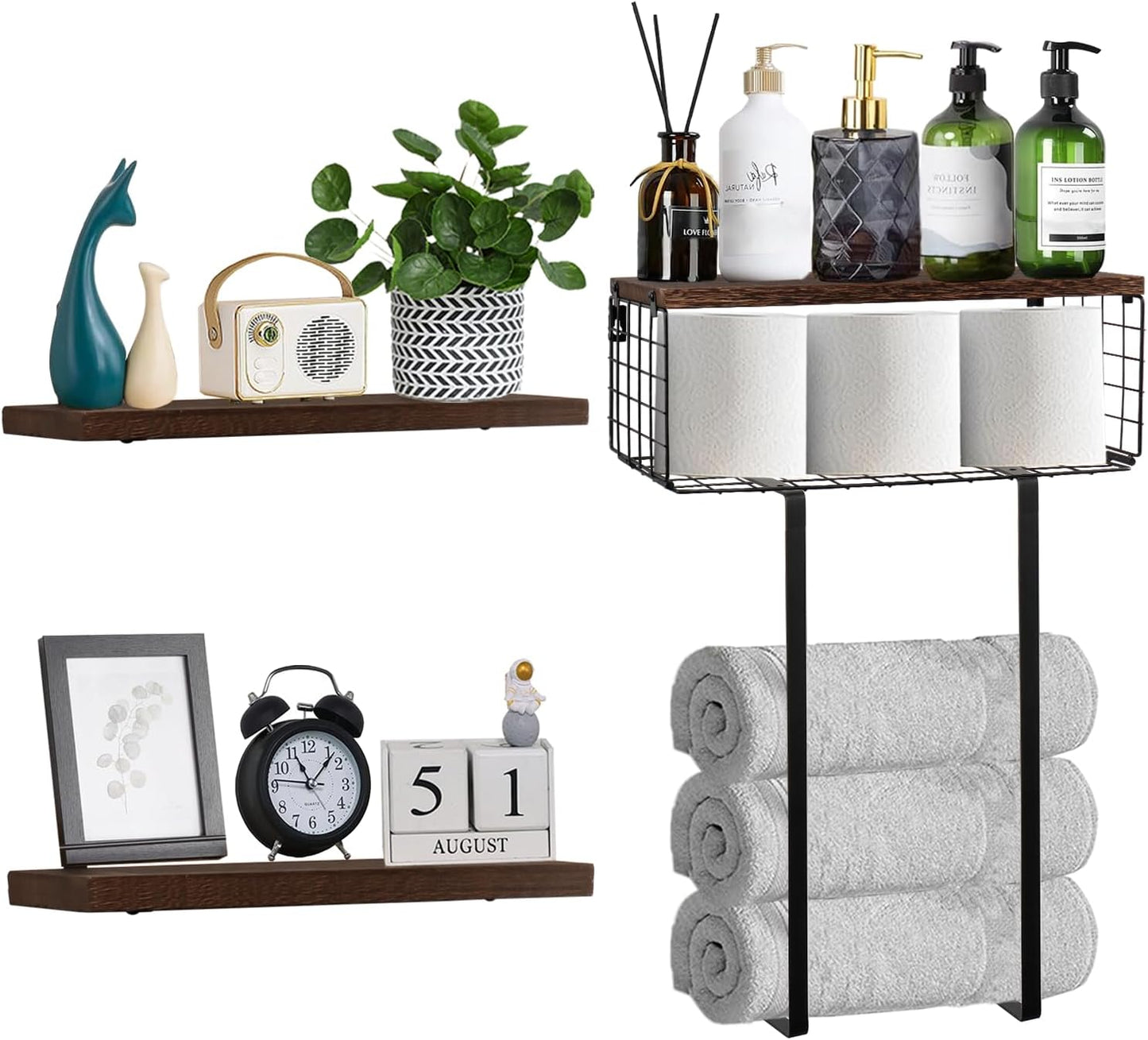 Skiennix Floating Shelves - Wall Mounted Bathroom Organizer with Storage Basket & Towel Rack | Dark Brown, Set of 4, 16 in