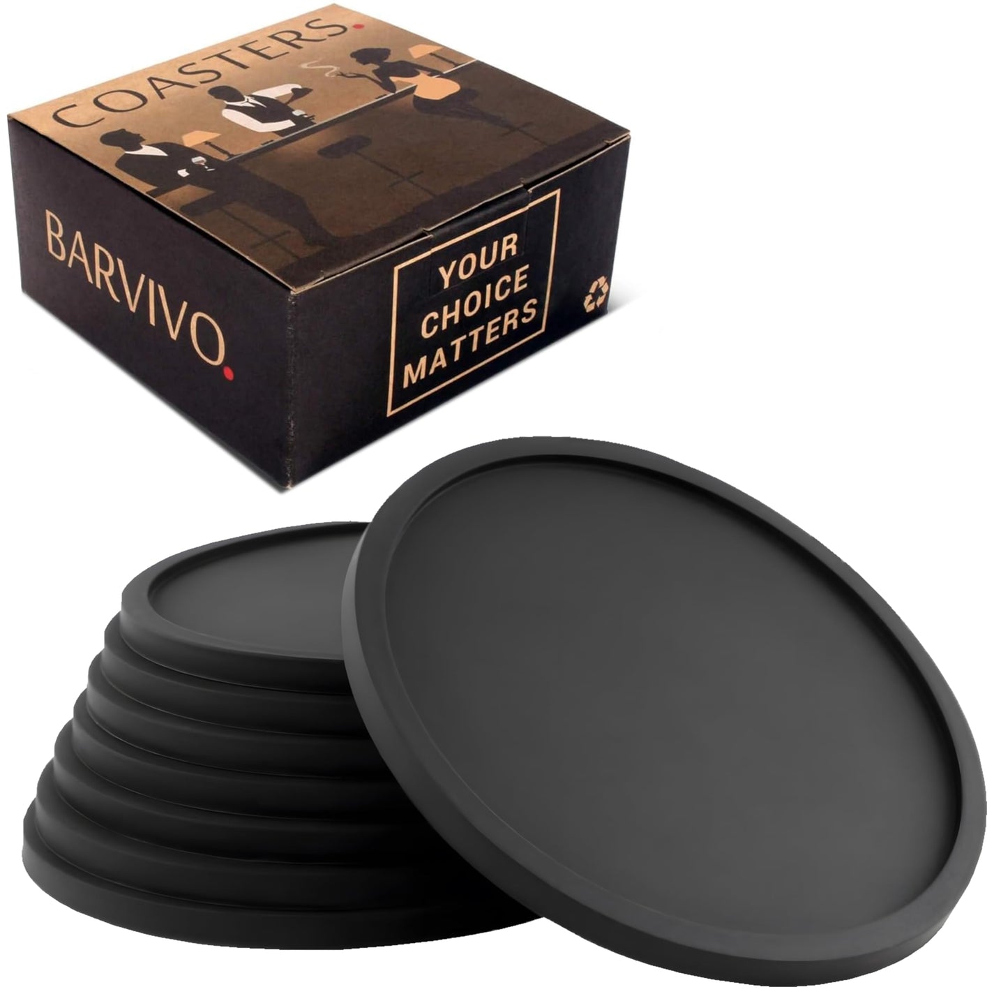 Set of 8 Silicone Coasters by Barvivo - Durable Slip Resistant Drink Coasters for Coffee Tables, Mugs, Wine Glasses and Cocktails - Dishwasher Safe with Raised Lip for Tabletop Protection - Black