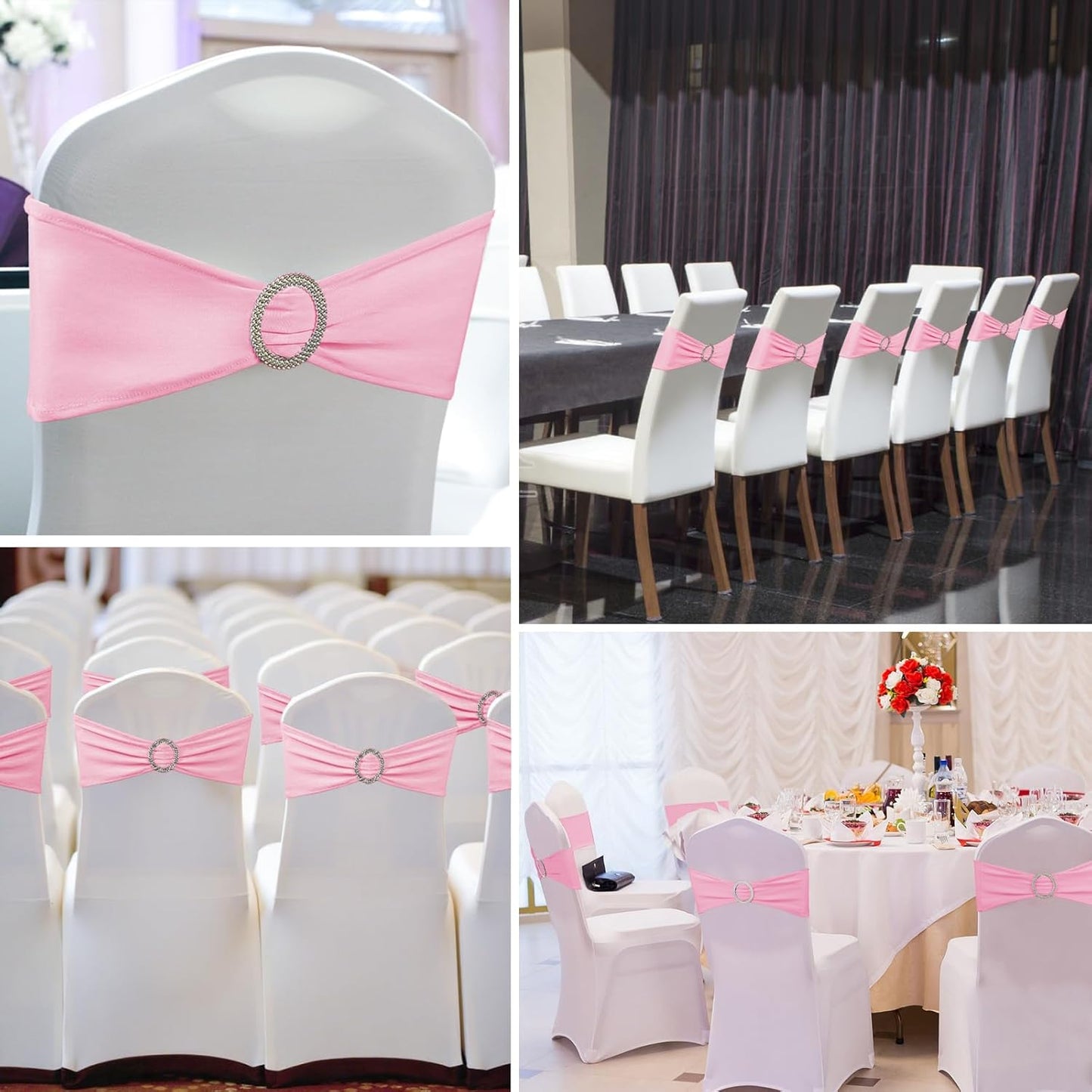 Skiennix Spandex Stretch Chair Sashes - 150 Pack Elastic Covers with Buckle Slider for Weddings & Events | Pink