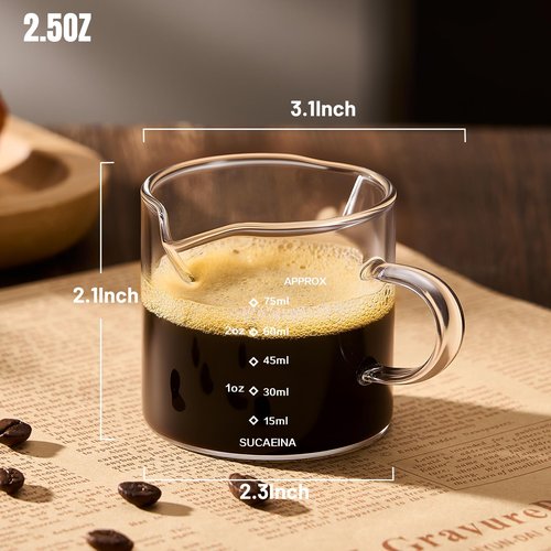 gegewawa Espresso Cups Set of 2 with Handle, 2.5 OZ Double Spout Espresso Shot Cups Glass Measuring Cup with Dual Scale, Espresso Shot Glass with V-Shaped Mouth, Espresso Accessories