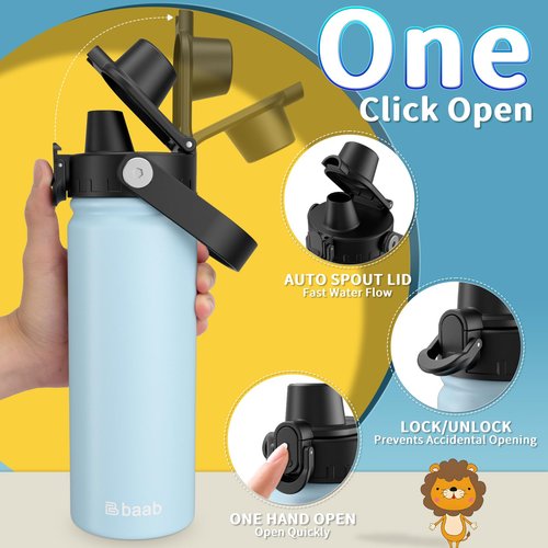 baab 18oz Kids Water Bottle, Insulated Kids Water Bottle with Lockable Spout Lid & Stickers, 18/8 Stainless Steel Vacuum Leakproof Kid Water Cup with Handle for School (Navy Blue+Light Blue, 2 Pack)