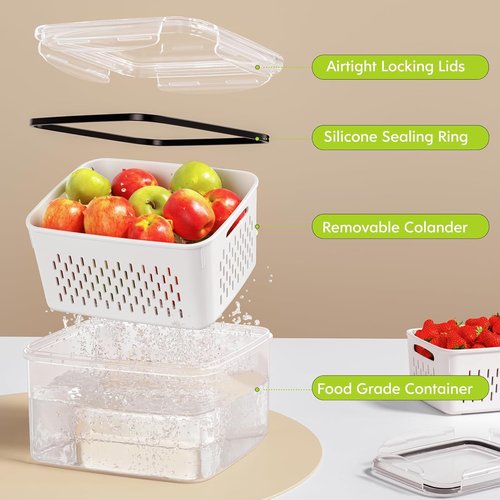 HOMETALL 5-Pack Fruit Storage Containers - Leakproof Fridge Organizers with Removable Colanders | Ideal for Berries, Vegetables, and Salads