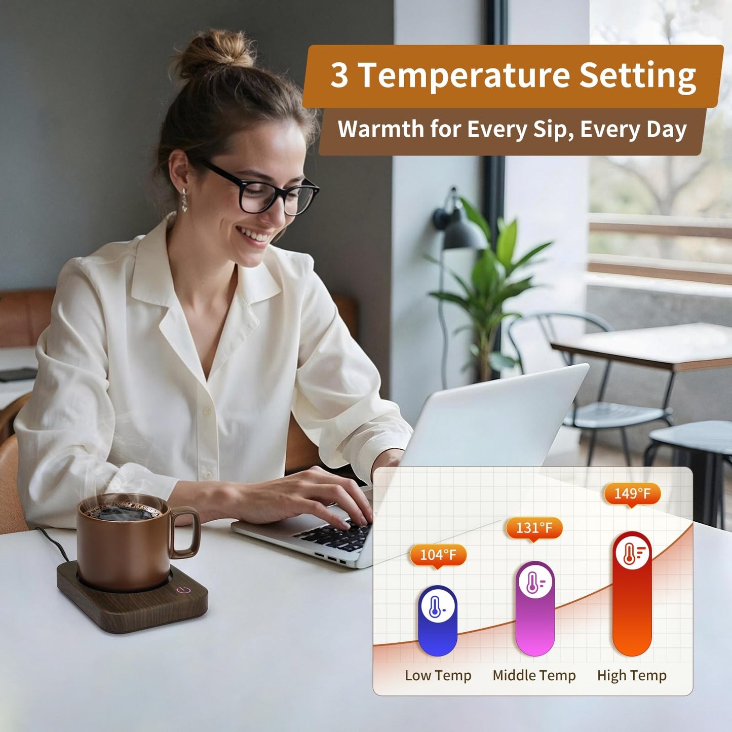 VOBAGA Coffee Mug Warmer for Desk with Auto Shut Off & 3-Temp Settings, Coffee Cup Warmer with Smart Safety Alert Home Office Accessory, Perfect for Coffee, Tea, Milk (Wood)