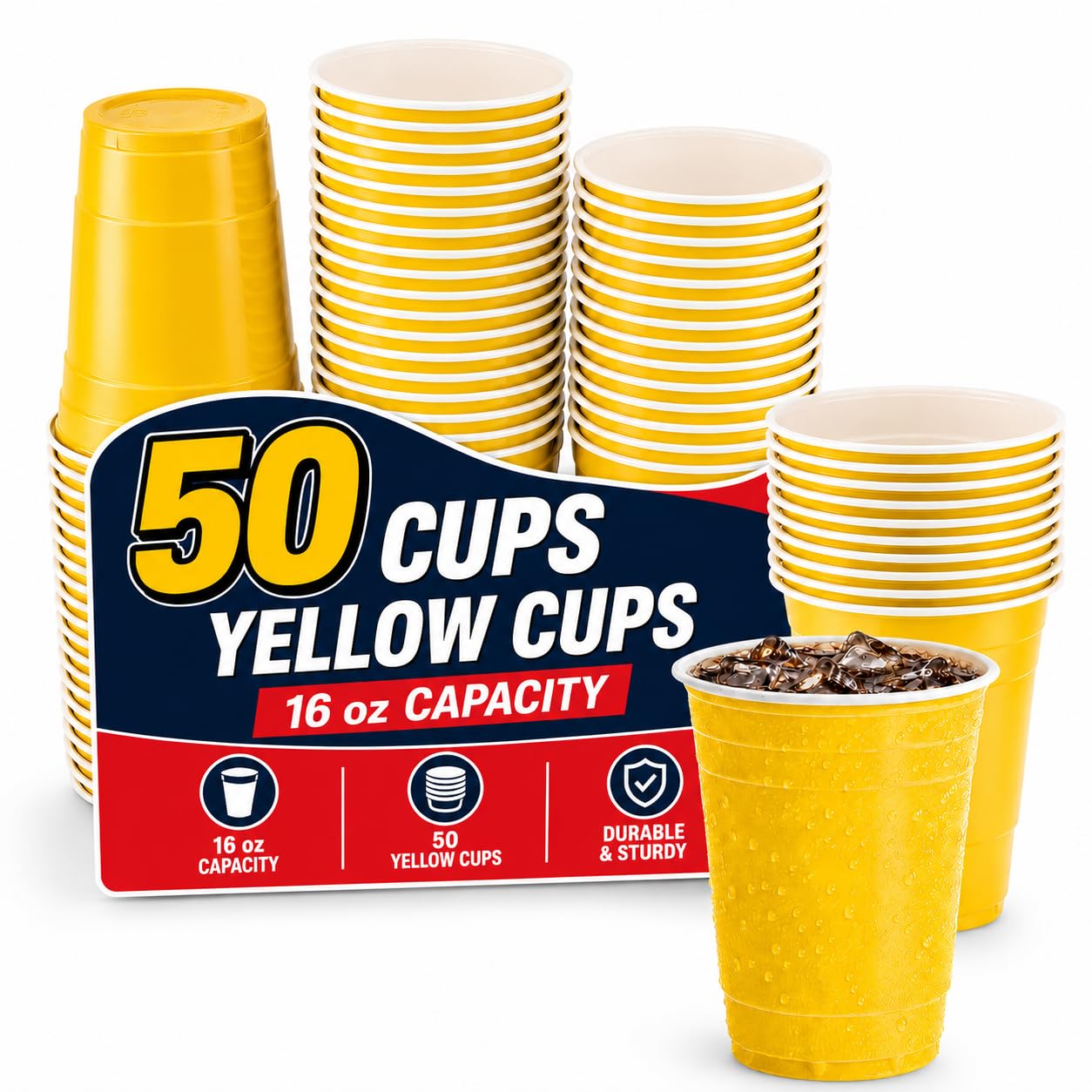 1InTheHome Yellow Plastic Party Cups, 16 Oz Disposable Drinking Cups, 50 Pack