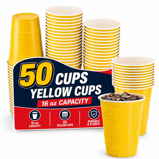 1InTheHome Yellow Plastic Party Cups, 16 Oz Disposable Drinking Cups, 50 Pack