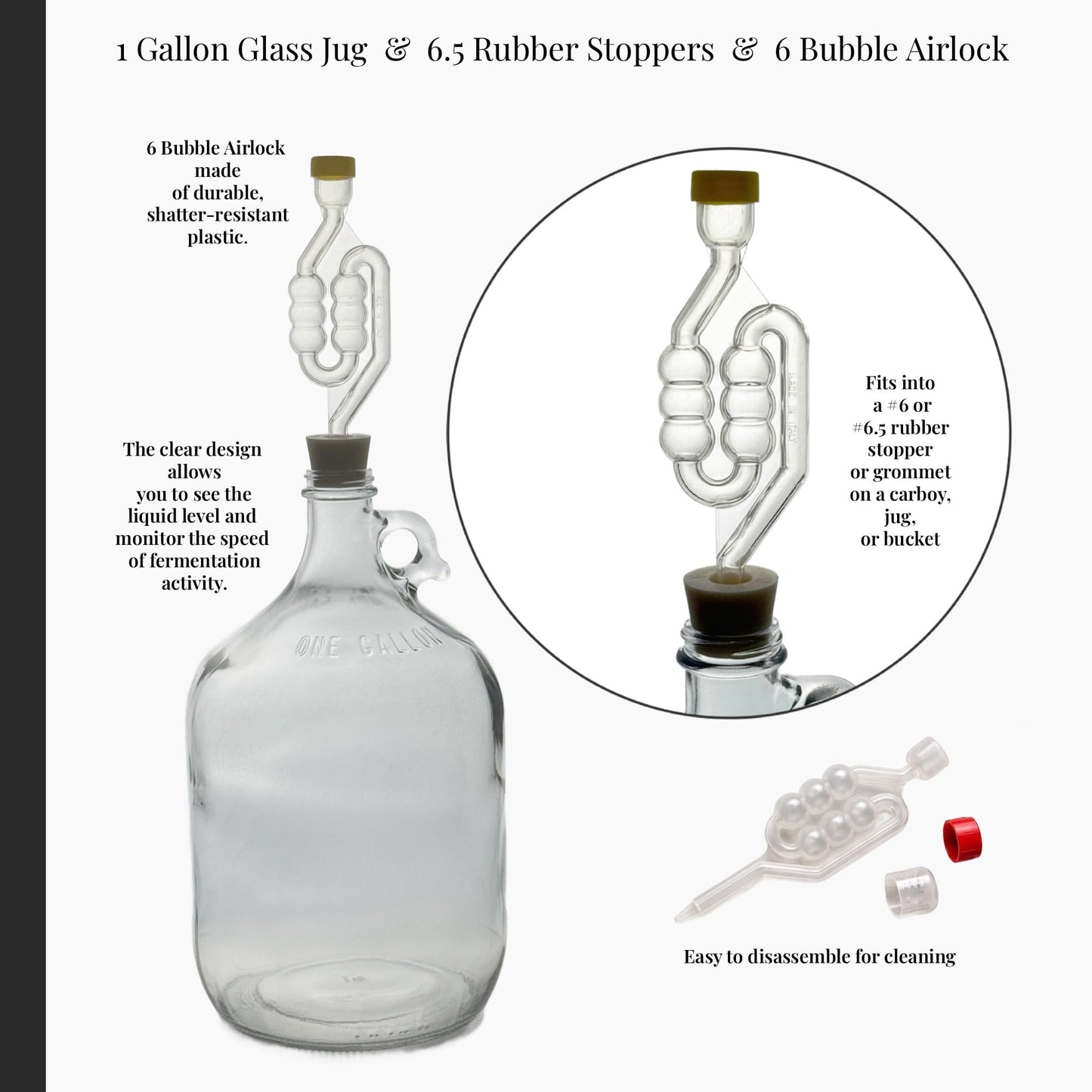 North Mountain Supply - 1G-38-ST-TB-1 1 Gallon Glass Fermenting Jug with Handle, 6.5 Rubber Stopper, Twin Bubble Airlock, Black Plastic Lid (Set of 1)