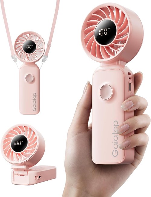 Gaiatop Portable Handheld Fan - 5-Speed Rechargeable with 18-Hour Battery Life | 3-in-1 Neck, Desk & Hand Fan - Pink