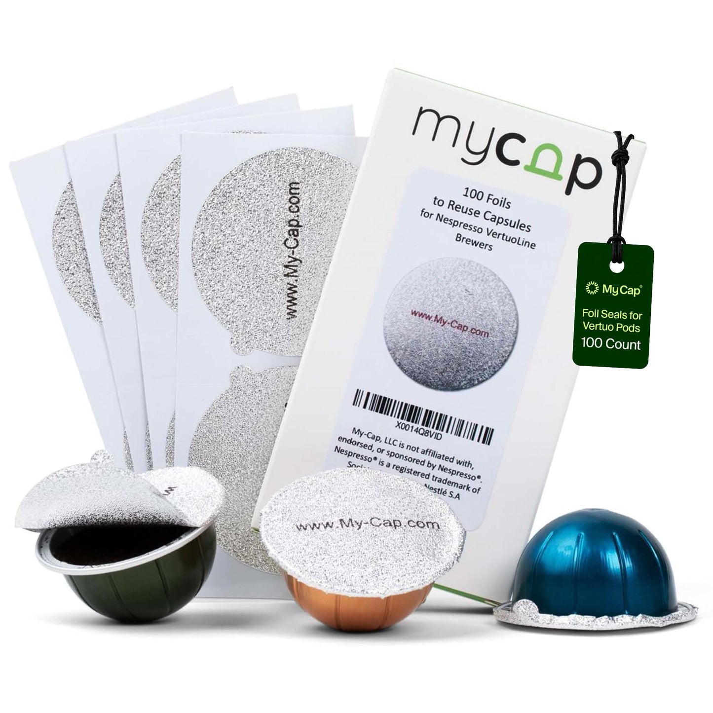 My-Cap Foil Seals for Nespresso Vertuo Pods - Reusable Aluminum Lids to Extend Life of Nespresso VertuoLine Capsules (Pack of 100)