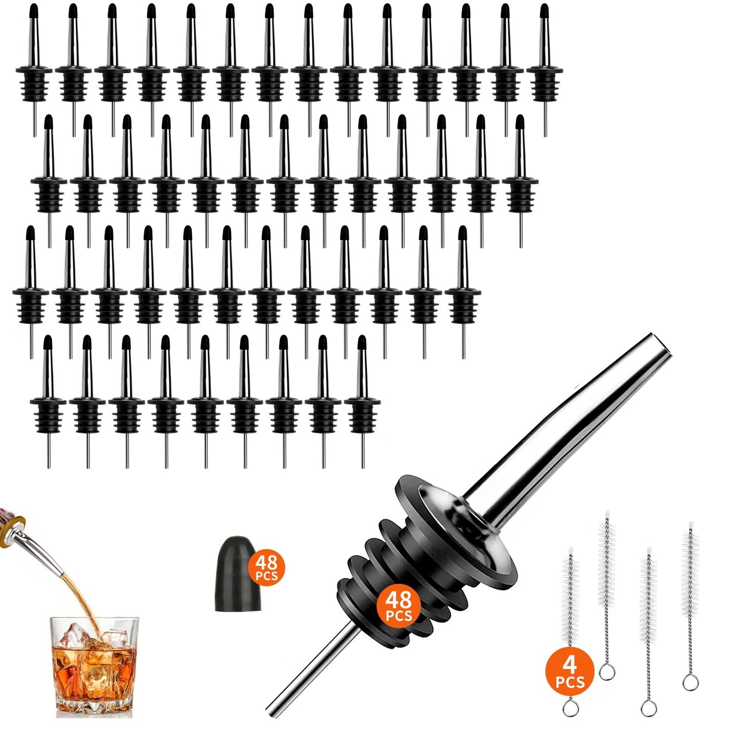 48PACK Stainless Steel Pourers Spouts for Liquor Bottles,Liquor Pour Spout With Dust Caps,Bottle Pourers for Alcohol, Olive Oil - Speed Pourers, Bar Bartender Accessories