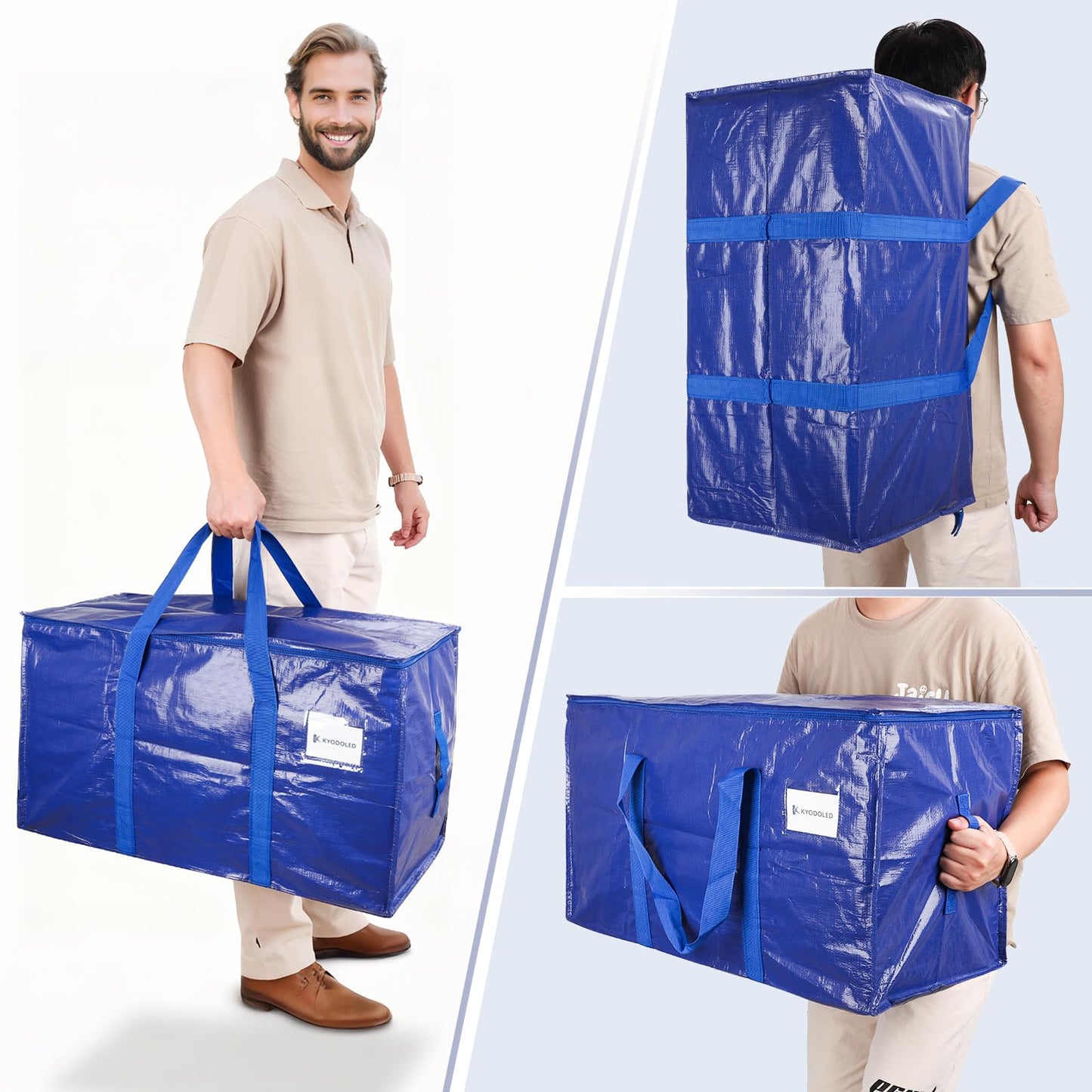 KYODOLED 6 Pack Extra Heavy Duty Blue Moving Bags - Large Move In & Packing Bags for College Students, Sturdy Storage Totes with Strong Zipper & Comfortable Handles for Clothes Storage