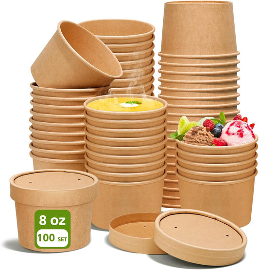 Skiennix 8oz Paper Soup Containers - Vented Lids, Microwavable & Freezer Safe | 100 Pcs, Kraft