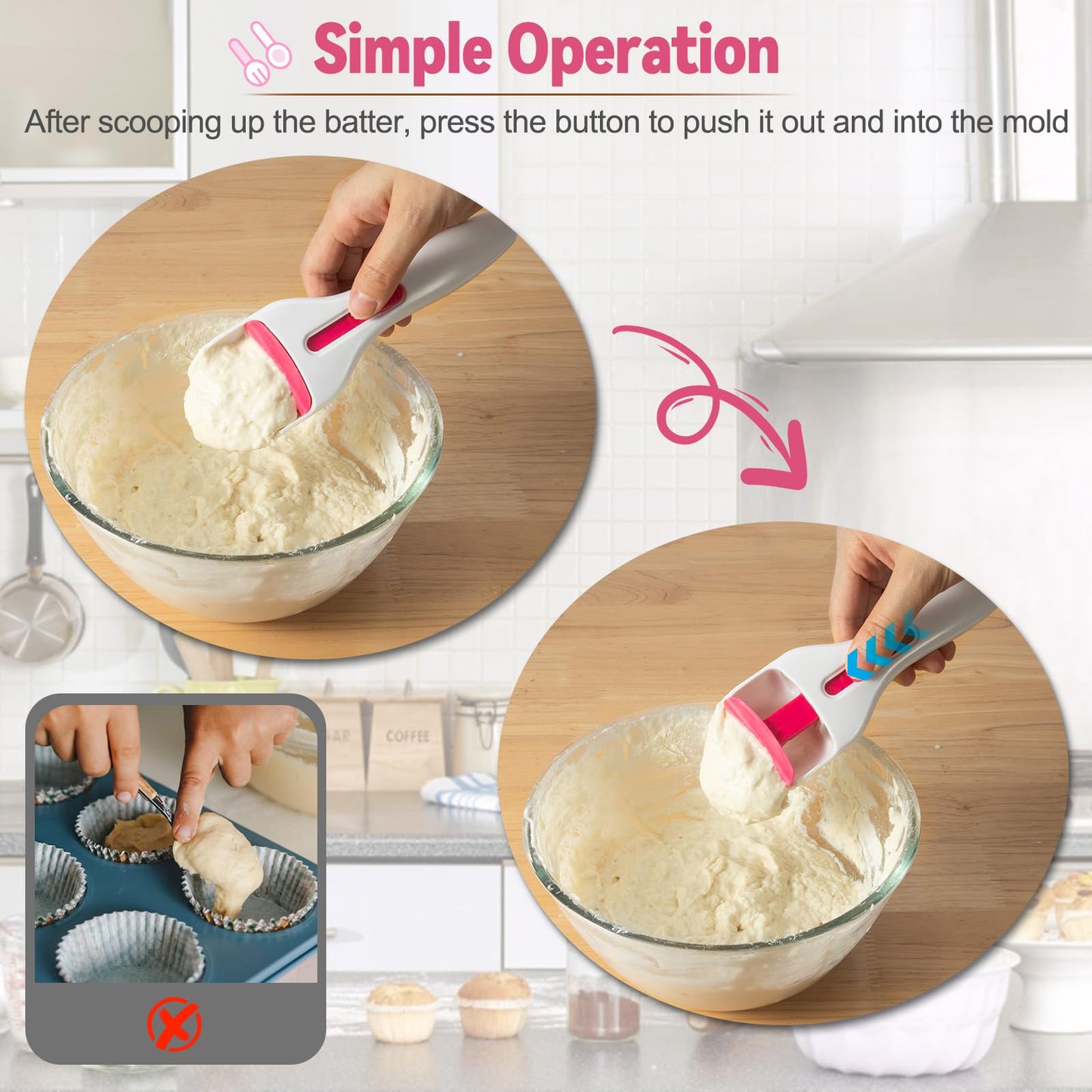 Sykexonm 2PCS Cupcake Batter Scoop, One Click Sliding Button Cake Cream Spatulas for Elegant Baking, Pastry & Cake Decorating, ABS and TPE Material