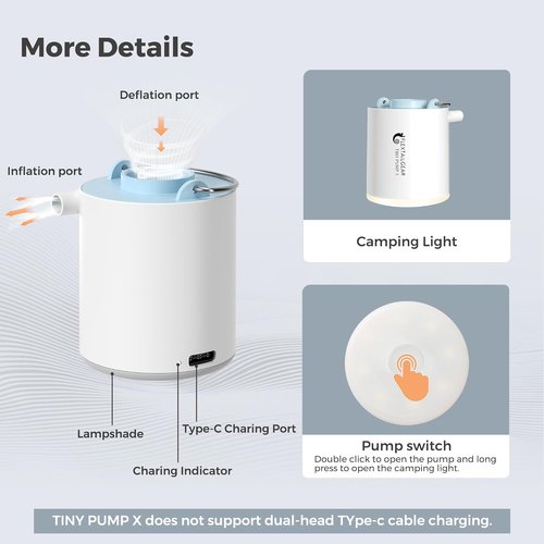FLEXTAILGEAR Tiny Pump X | Portable Air Pump & Camping Light | USB Rechargeable 1300mAh Battery