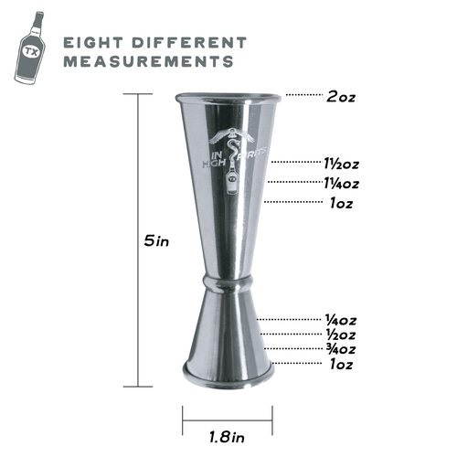 In High Spirits Japanese Jigger - 2oz/1oz Stainless Steel Cocktail Jigger with 8 Interior Measurements - Durable, Professional Grade Bartending Tool for Home Bar & Commercial Use