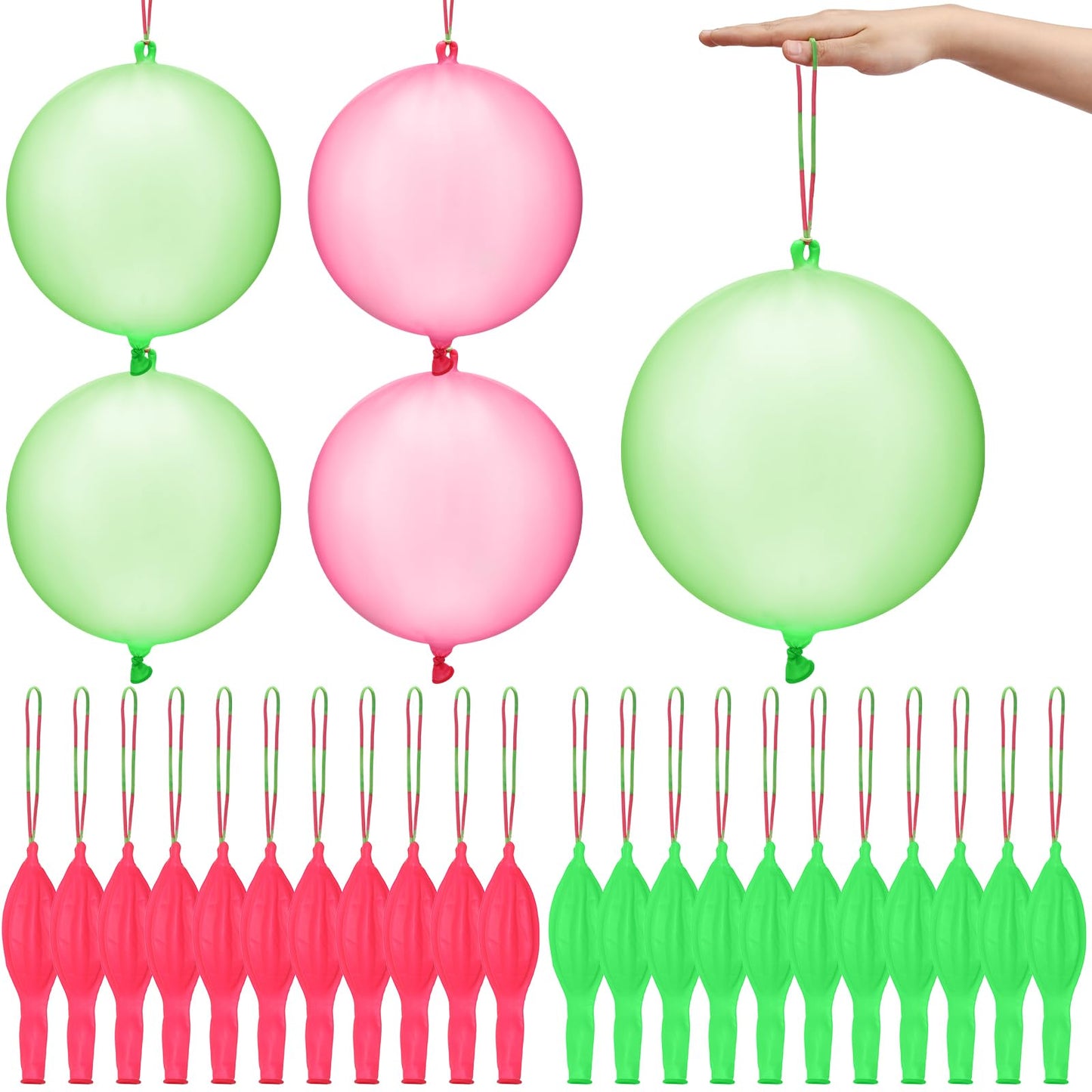 Charnoel 24 Pcs Pink and Green Gift Pink and Green Punch Balloons Bounce with Rubber Band Handle Witch Party Punching Balloons with Colored Rubber Band Handle for Birthday