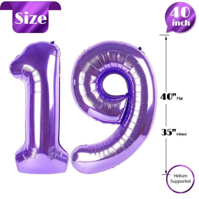Purple Number 19 Balloon 40 inch, 19 Number Balloons, 19th Purple Birthday Decorations, 19 Year Old Girls Boys Party Supplies