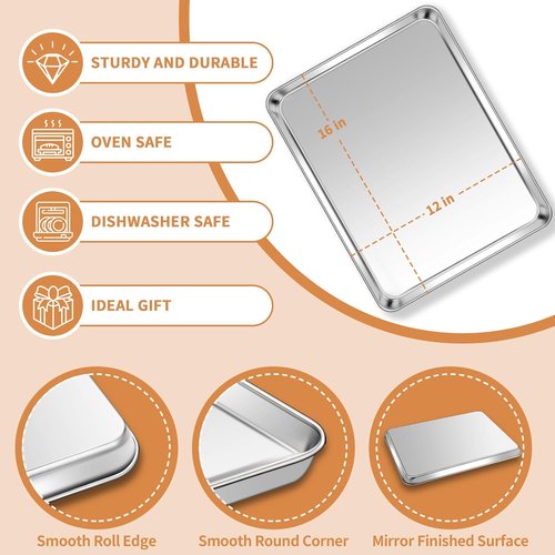 Deedro Stainless Steel Baking Sheet Set - Heavy Duty Non-Toxic Cookie Pans | Easy Clean, 16 x 12 Inch