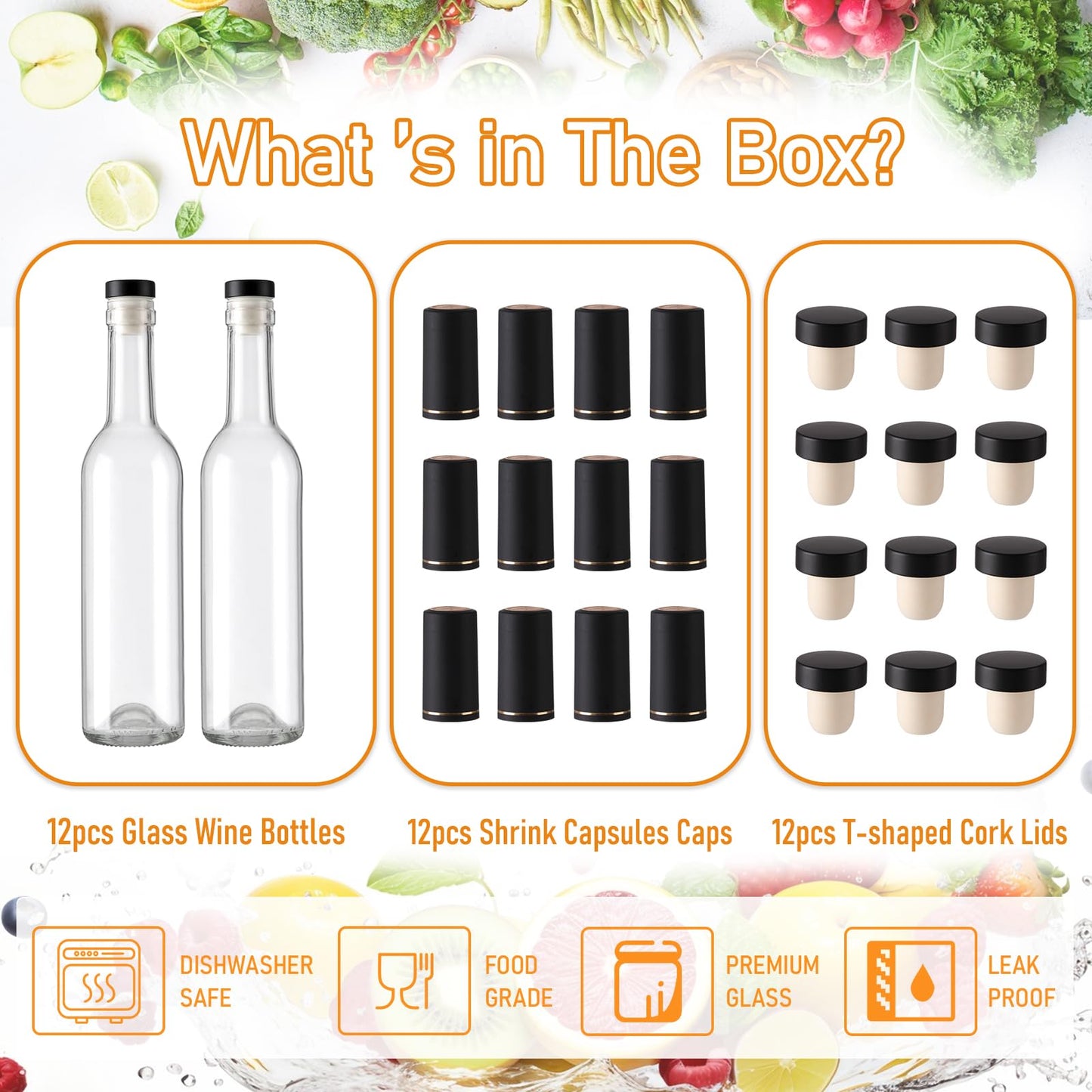 AuroTrends 12 oz Wine Bottles 12Pack with Cork Lids & Shrink Capsules - Durable 375ml Glass Bottles with Lids for Home Brewing, Sparkling Beverages, Fermentation, and Crafting