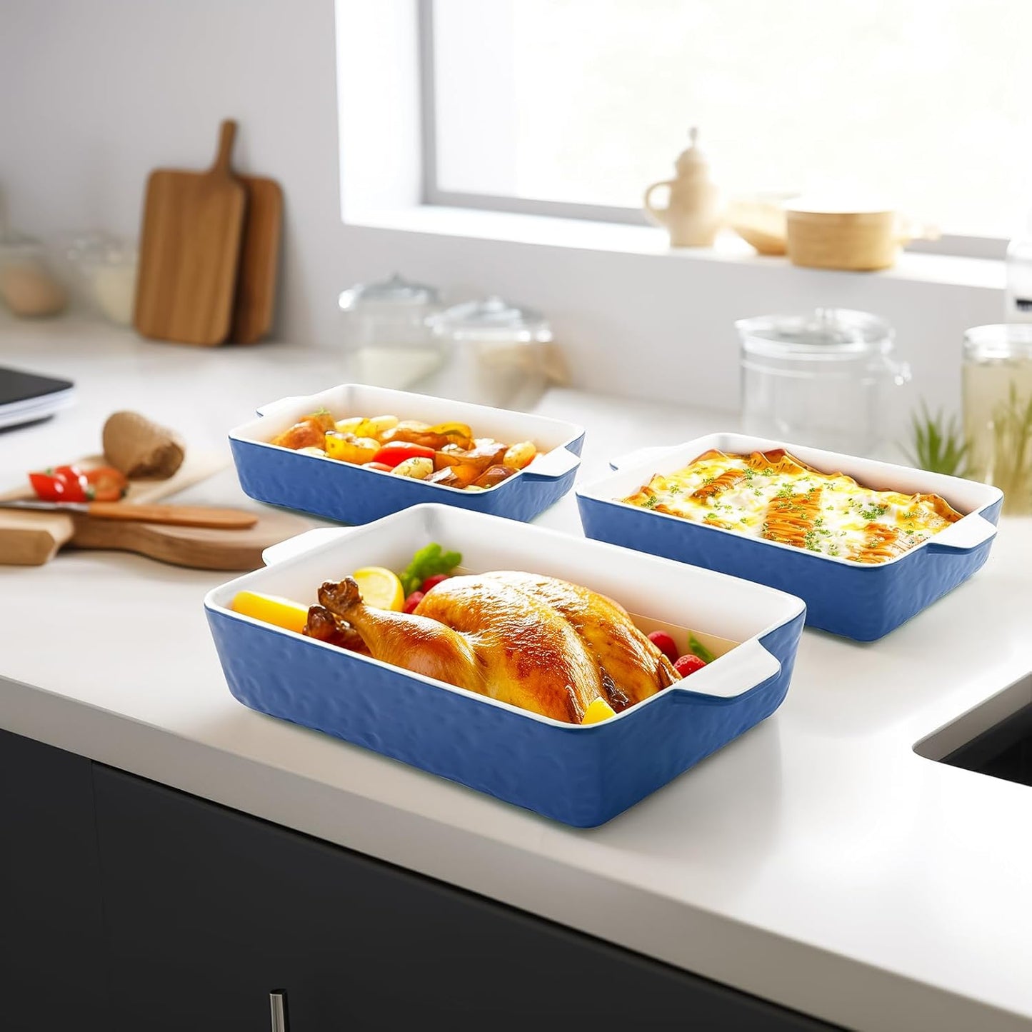 Regine Switzerland Casserole Dishes - Ceramic Baking Pan Set of 3 | Deep Porcelain Lasagna Dish (11.6" x 7.8", Dark Blue)