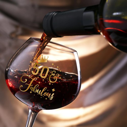GALOFAY 50th Birthday Wine Glasses Gifts for Women, Cool Personalized Gold Print '50 Fabulous' Red Wine Glass Set, Pink Gift Package with Goblet, Wine Bag, Key Chain, and Card for 50 Years Old Woman