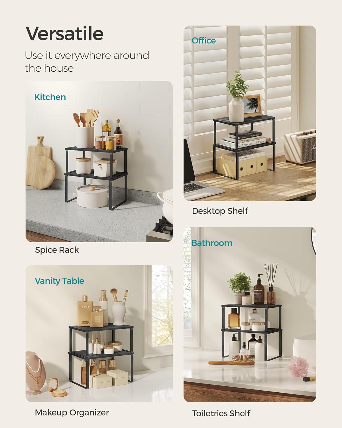 SONGMICS Kitchen Organizer Shelf Set - Stackable & Expandable Spice Rack | Metal & Engineered Wood, Ink Black & Ebony Black