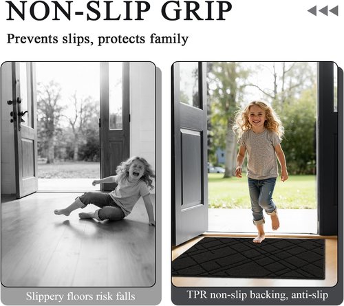 Hicorfe Indoor Doormat - Non-Slip Absorbent Welcome Mat | 48"x32" Rubber Backing for Dirt-Trapping, Washable Design (Black)