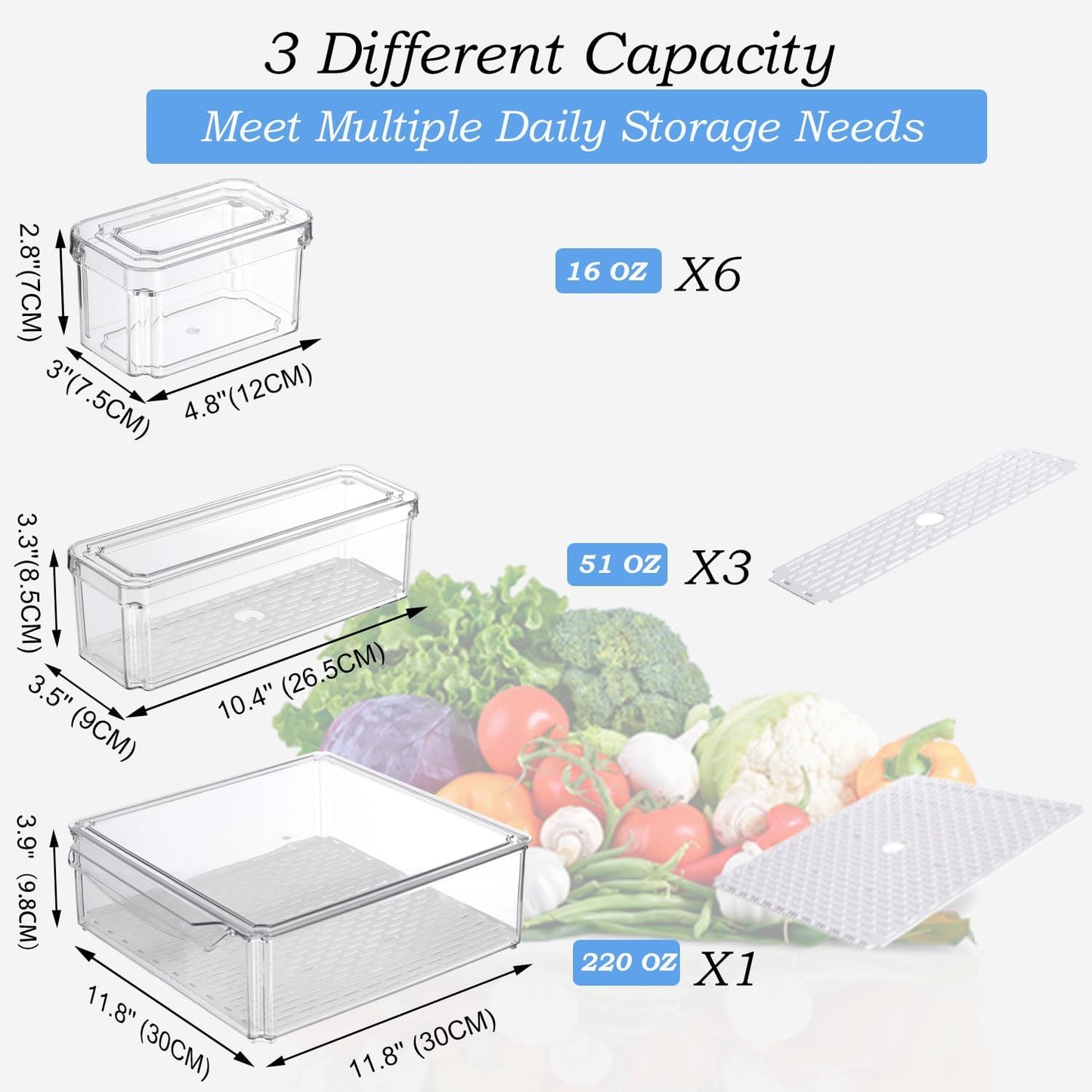 KUMD Clear Fridge Organizer Bins - 10-Pack Stackable Storage Containers with Lids, BPA-Free & Anti-Slip Base