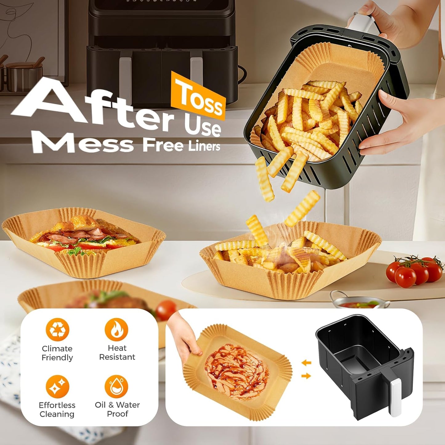 Vailnd Disposable Air Fryer Liners - 250 Pcs Rectangular Parchment Paper for Ninja & Chefman 2-Basket Air Fryers - 8x5.5 Inch