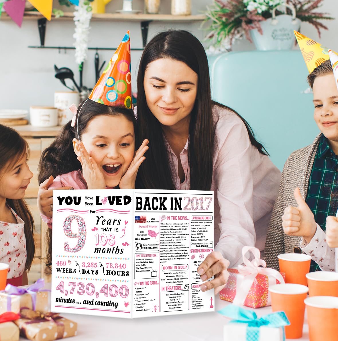 ATTLVV 9th Birthday Card, 9th Birthday Decorations for Girls,Happy 9th Birthday Gifts for Daughter,Cute 9 Year Old Birthday Gift Cards for Granddaughter