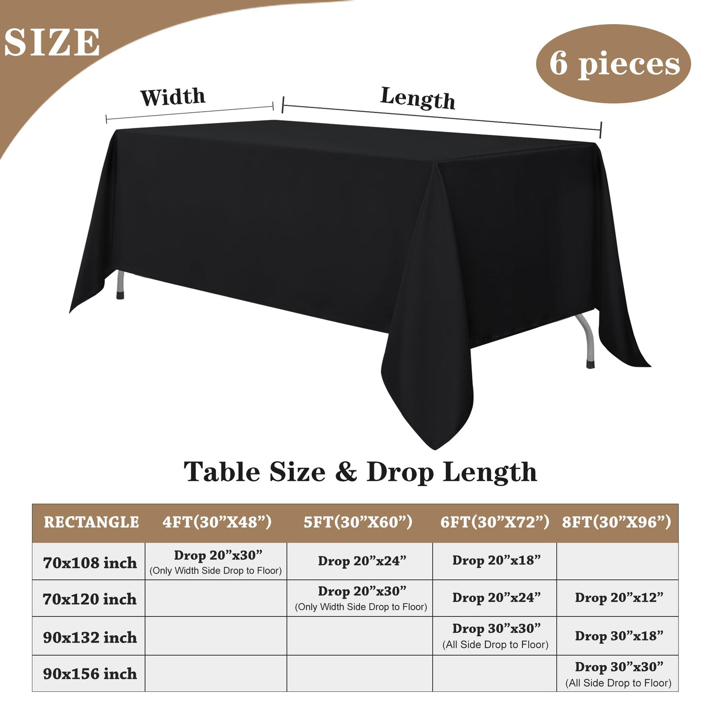 Fitable Black Rectangle Tablecloths for 6 Foot Tables, 6 Pack - 70 x 108 Inches - Stain Resistant and Washable Table Clothes, Polyester Fabric Table Covers for Wedding, Party, Banquet, Buffect