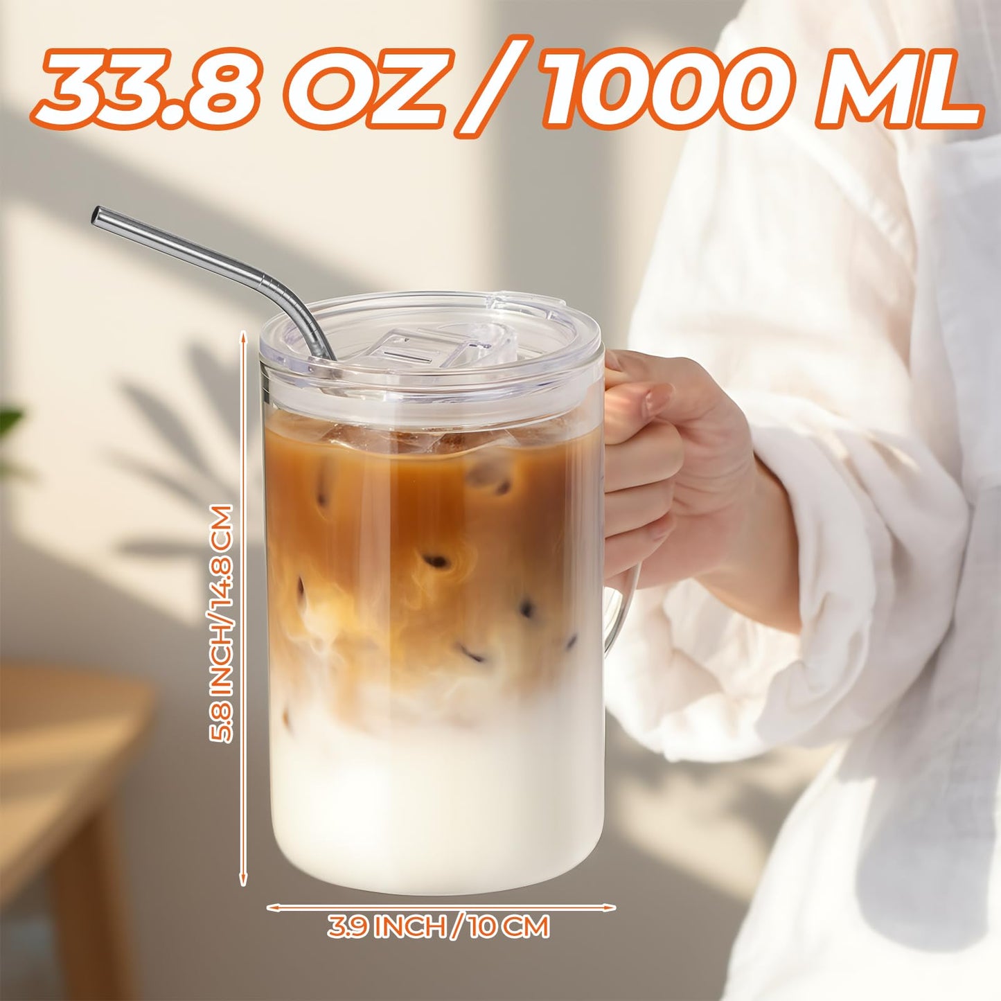 Sieral 2 Pack 33.8 oz Glass Tumbler with Straw and Lid Large Glass Cup with Handles Iced Coffee Glasses Reusable Drinking Glasses Set for Iced Coffee Smoothies Drink Juice for Birthday Valentine Gift