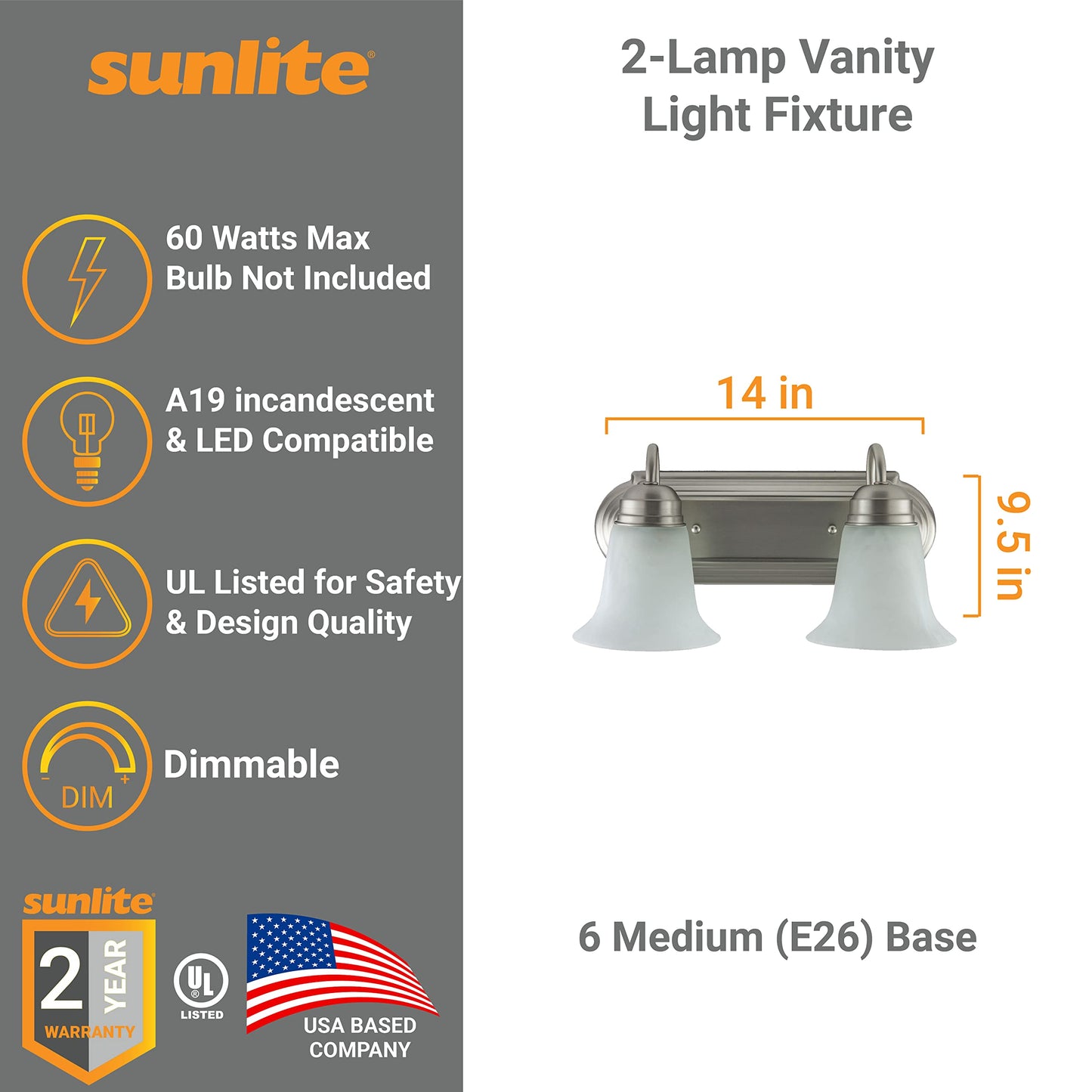 Sunlite 45430 14-Inch Traditional Vanity Light, Classic Decorative Wall Sconce, Bell-Shaped Alabaster Glass Shades, 2 60W A19 Bulbs (Not Included) Mirrors, Bathrooms Powder Room, Brushed Nickel Finish