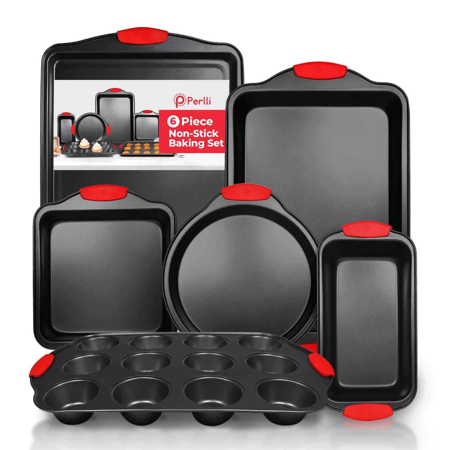 PERLLI Non-Stick 6-Piece Baking Pan Set, BPA-Free Carbon Steel Bakeware Set with Silicone Handles, Stackable Kitchen Oven Set, Cookie Sheet, Baking Tray, Baking Sheet Set, Oven Safe (446°F)