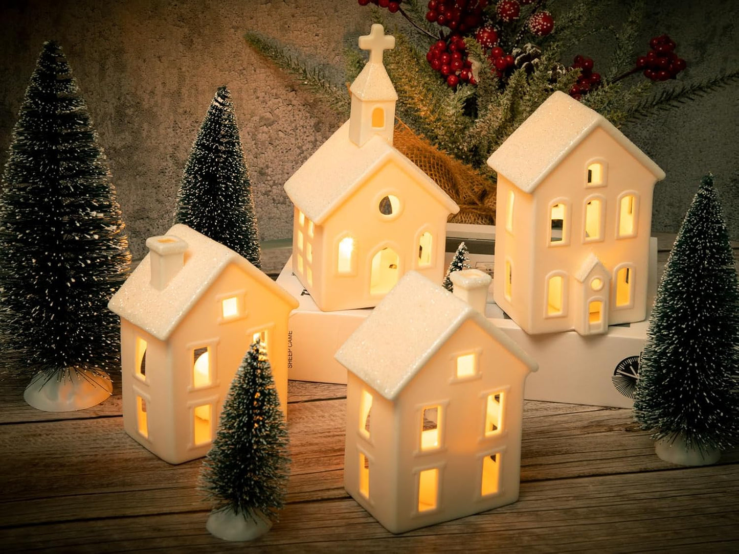 Regine Switzerland Christmas Village Figurines Set - 4 Lighted Ceramic Houses with Remote & 5 Trees - Rustic Holiday Decor for Home Table