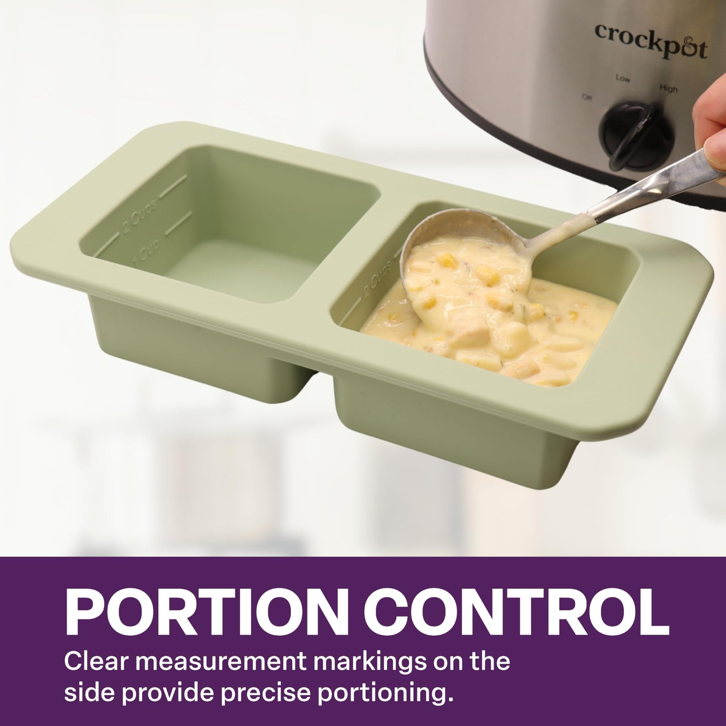 Silicone Freezer Tray with Clear Lid, 2 Compartments with 2 Cup Capacity Each, Large Ice Cube Molds, Microwave and Dishwasher Safe, for Freezing Soup, Sauce, Broth, etc. Sage Green