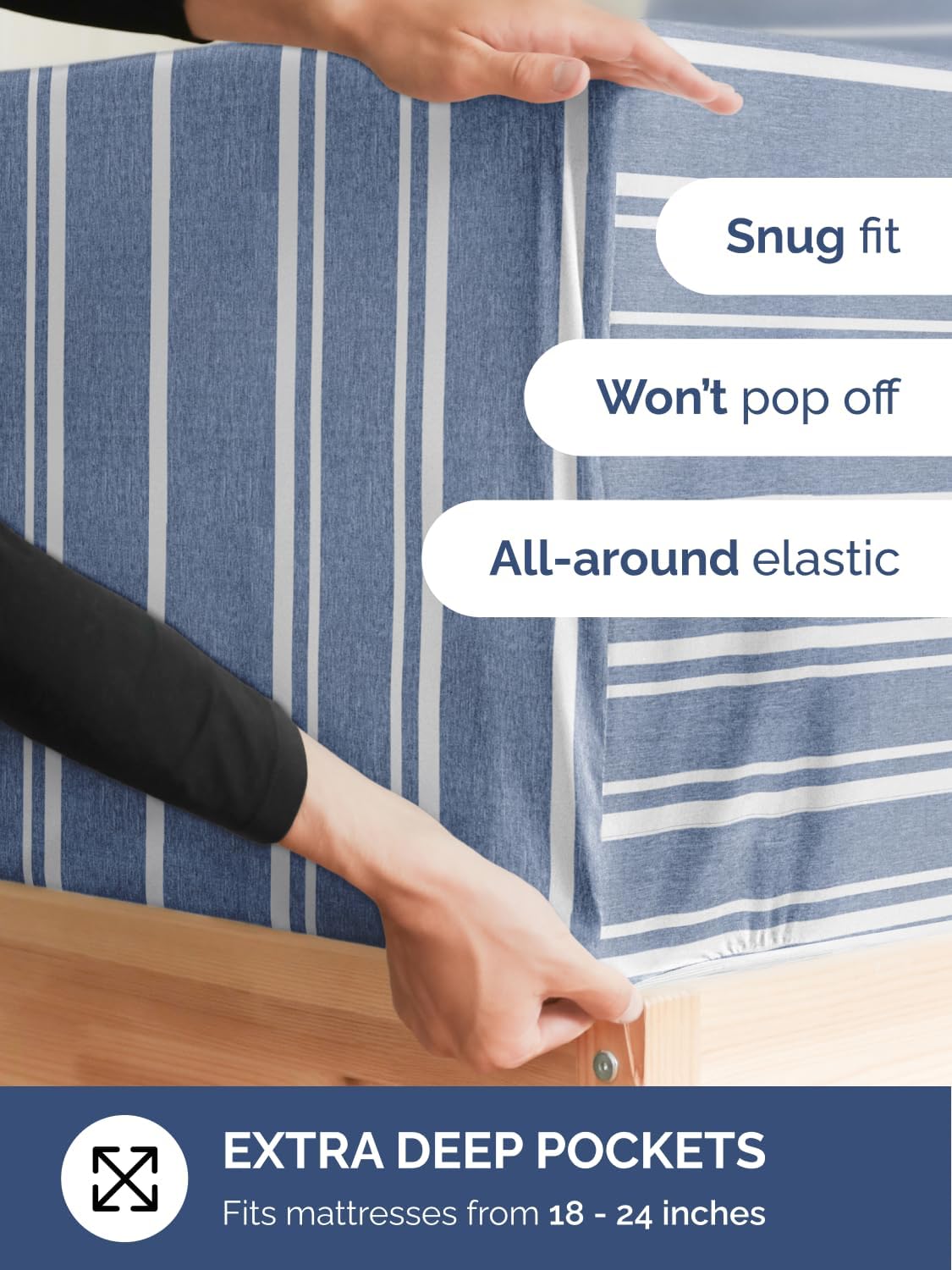 Skiennix Extra Deep Split King Sheet Set | 7-Piece Breathable Cooling Bedding - Soft, Wrinkle-Free Blue Stripes