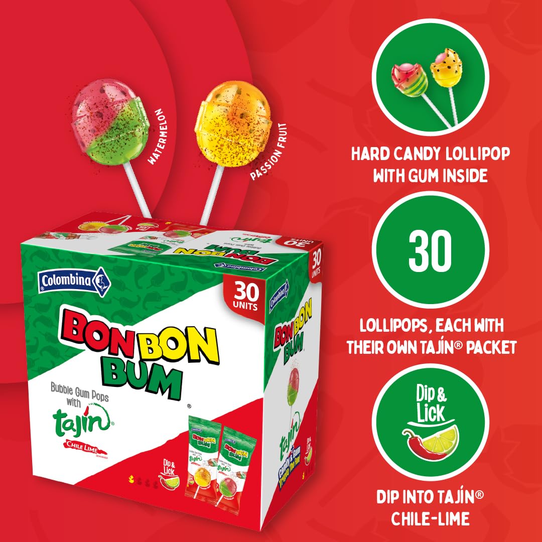 Colombina Bon Bon Bum Tajin Tropical Passion Fruit & Watermelon with Tajin Chile Lime Dip Dispenser, 30 Count (Pack of 1)