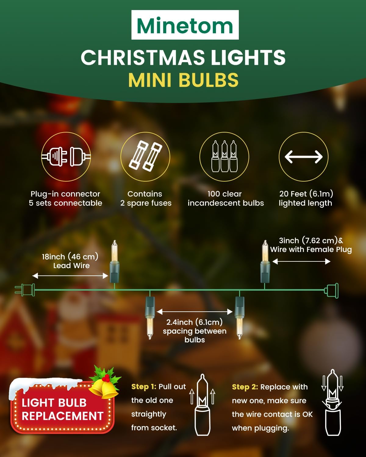 Minetom Clear Christmas String Lights - 100 Count | 20 Feet Indoor Mini Lights for Festive Decor