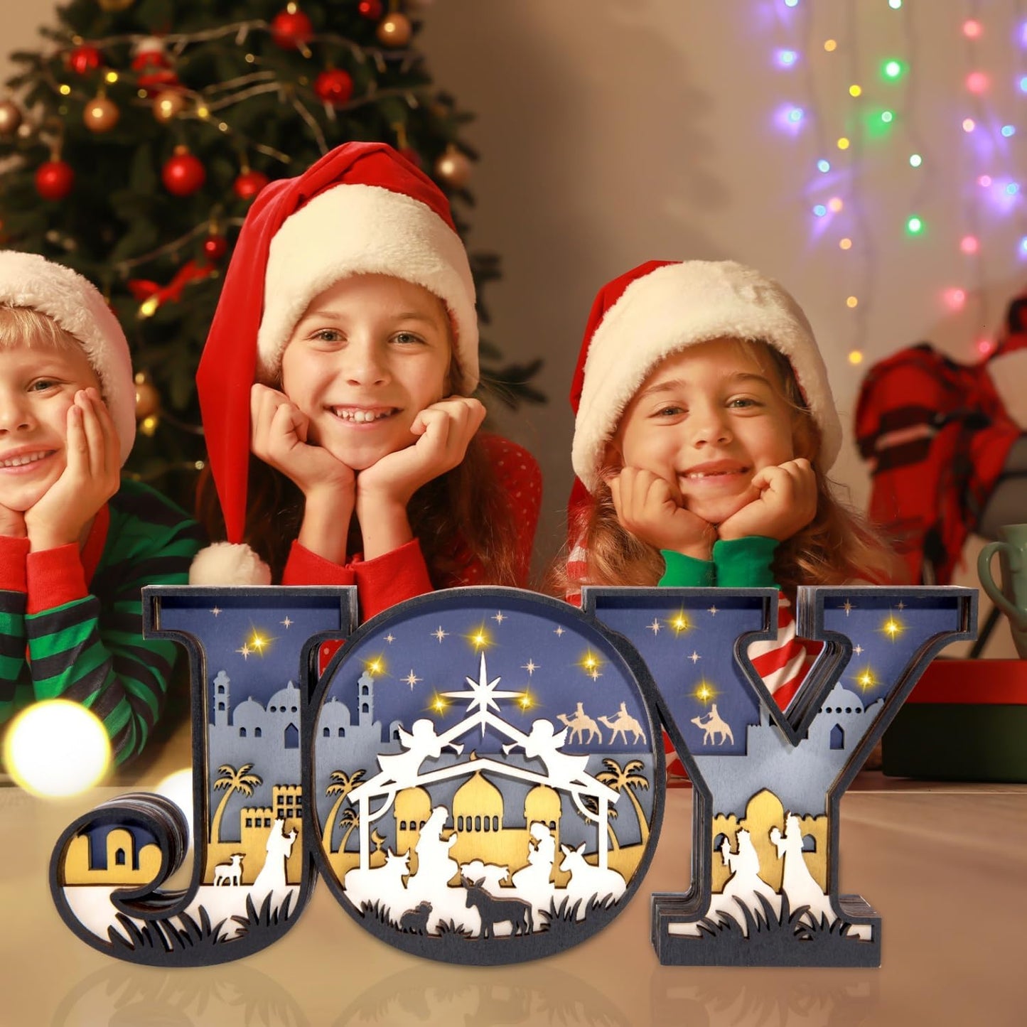 Regine Switzerland Christmas Nativity Set - 3D Religious Scene with LED Lights for Tabletop Decor