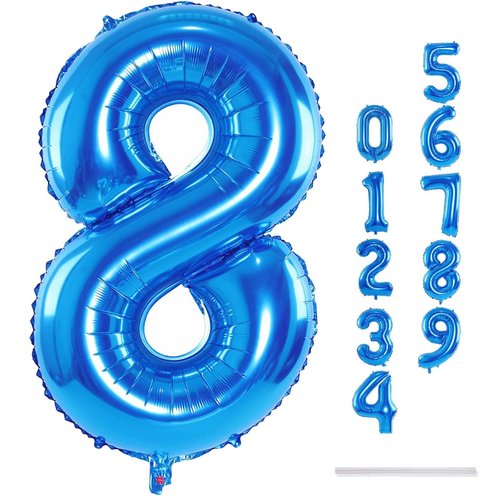Blue Foil Balloon Number 8, 40'' Giant Self Inflating Number Balloons Set 0-9, Large Number 8 Digital 8 Helium Balloon for Boys Men 8th 18th Birthday Graduation Anniversary Party Decorations Supplies