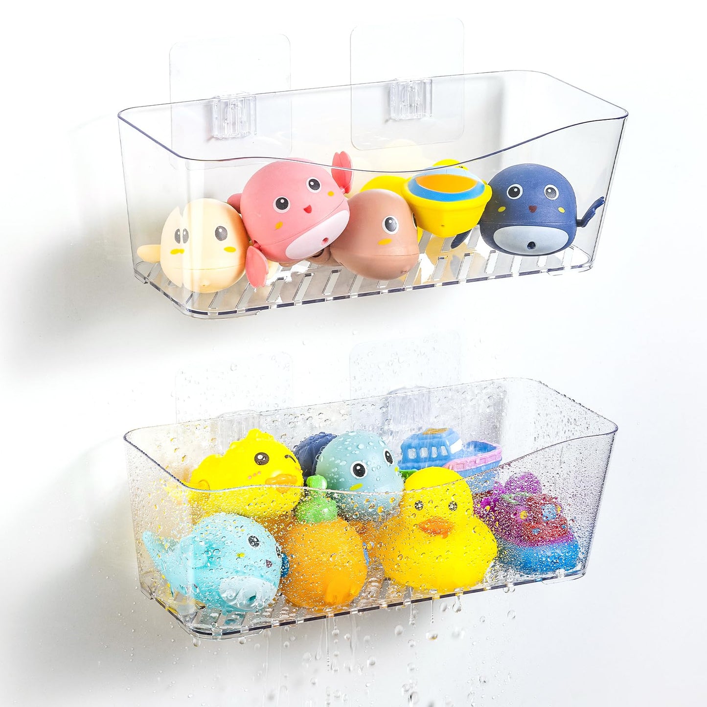 MIUKAA 2 Pack Large Bath Toy Storage Organizer, Clear Bath Toy Holder for Bathtub, Plastic Shower Toy Holder, Fast drainage, No Drilling Required, Easy to Install
