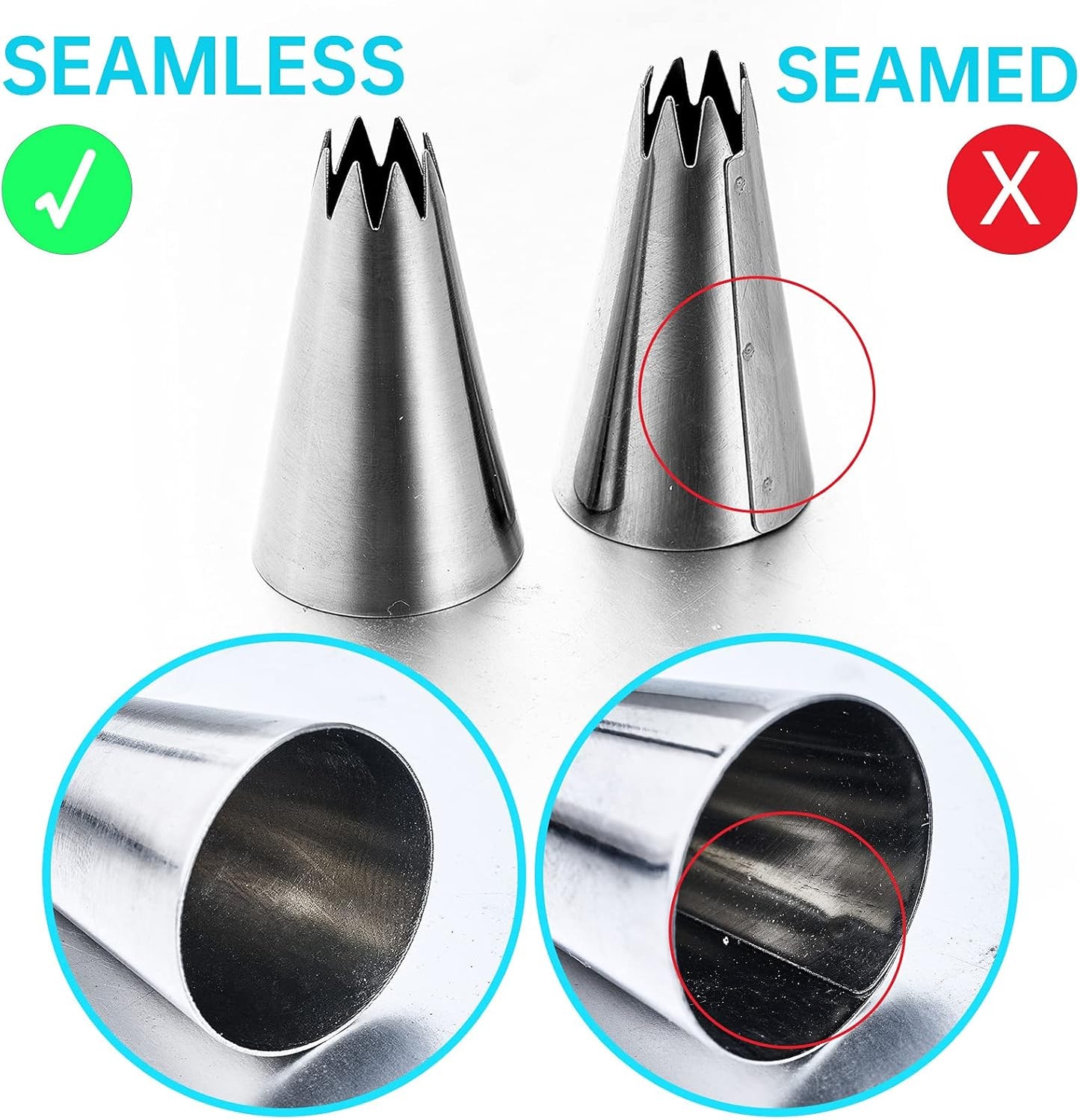 Kasmoire 8-Piece Large Piping Tips Set - Stainless Steel Icing Tips with 10 Disposable Pastry Bags for Cake Decorating